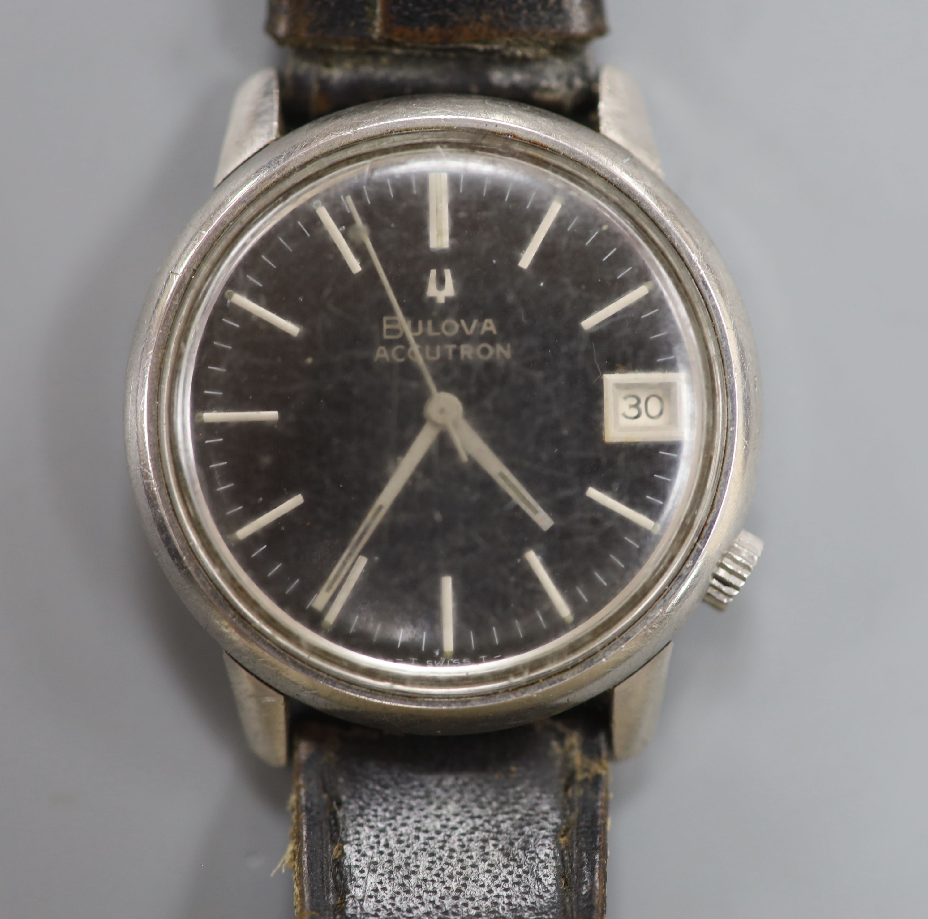 A gentlemans early 1970s stainless steel Bulova Accutron wrist watch, on leather strap,